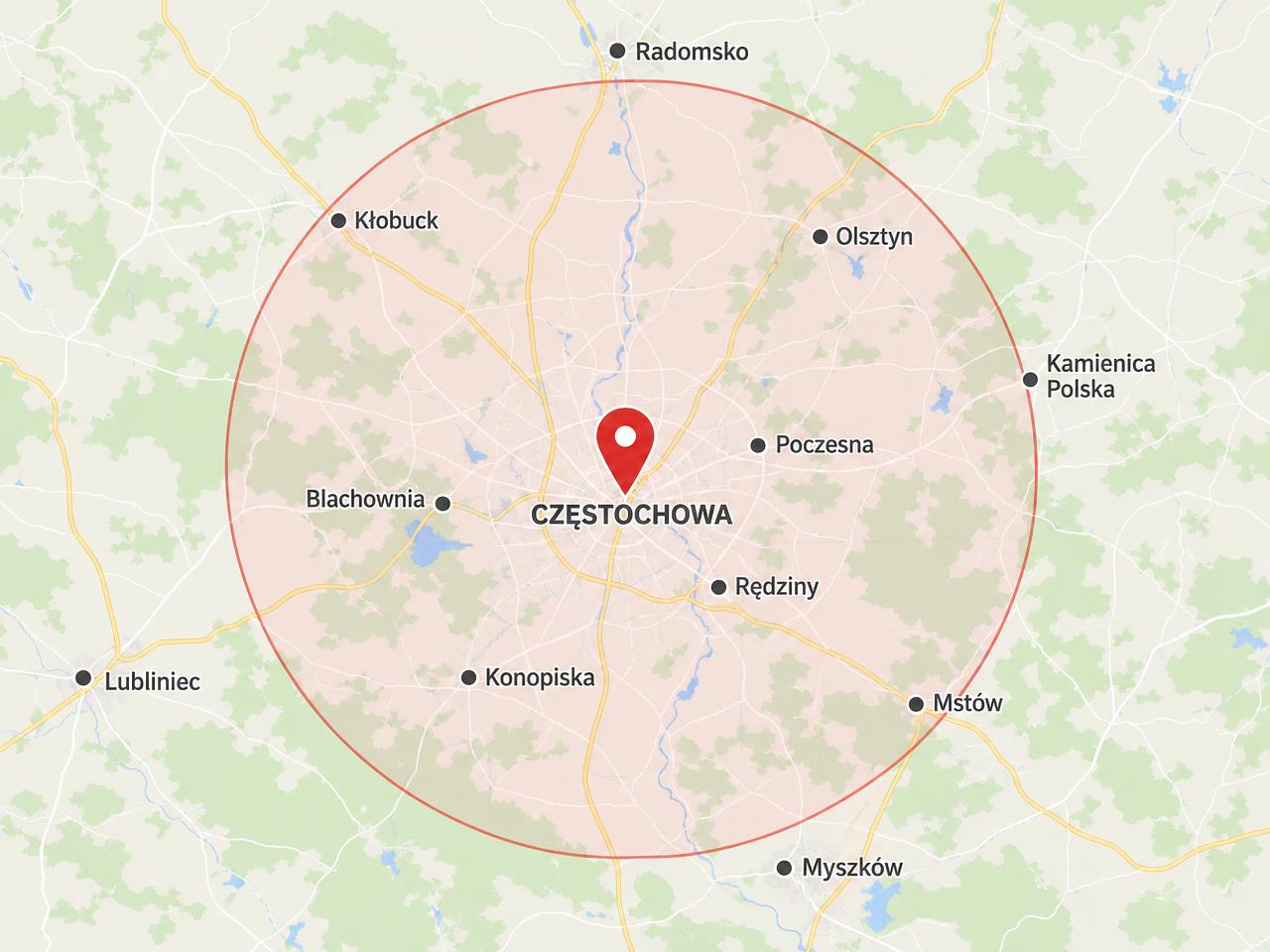 Mapa obszaru obsługiwanego przez MBDOMBUD — region częstochowski z miastami Kłobuck, Blachownia, Konopiska, Poczesna, Olsztyn, Mstów, Myszków, Lubliniec i Radomsko